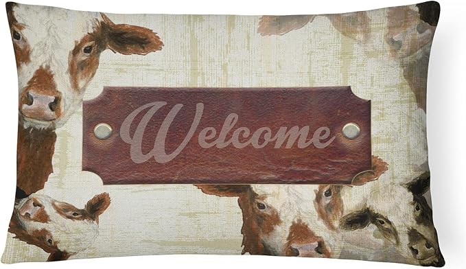 Caroline's Treasures SB3065PW1216 Welcome Cow Canvas Fabric Decorative Pillow 100% Machine Washable Pillow, Indoor or Outdoor Decorative Throw Pillow for Couch, Bed or Patio