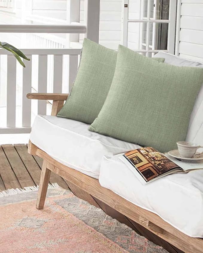 Outdoor Waterproof Throw Pillows Vintage Sage Green Linen Style Patio Pillows Pack of 2,Decorative Pillow Covers with Insert,Pillow Cushion Case for Garden Couch Sofa Country Pastoral Solid Color