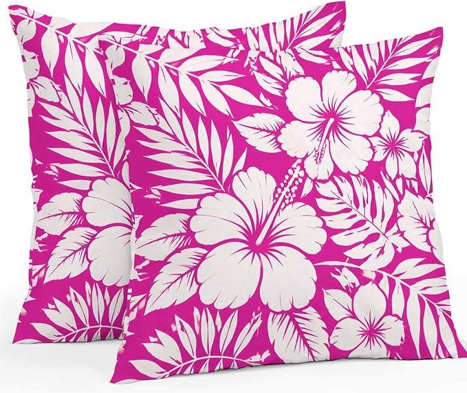 Pink Hibiscus Flowers Waterproof Outdoor Pillow Covers Set of 2 Home Decor, Tropical Monstera Leaves Pillowcase Patio Pillow Covers for Couch Bench Patio Furniture Garden 18x18in