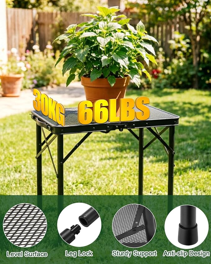 2Ft Small Folding Table with Carry Handle, Camping Table Adjustable Height 10.6–22 in, Black Metal Mesh, Portable & Compact for Outdoor/Indoor,Grill Table, 23.6×15.8 in, 4 lb, 66 lb Capacity