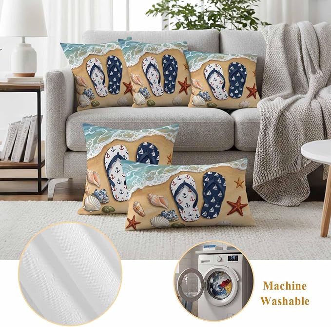 Blue Beige Seaside Outdoor Waterproof Throw Pillow Covers 20x20 Set of 2, Coastal Waves Starfish Summer Beach Nautical Decorative Pillowcases Cushion Pillowcase for Couch Sofa Patio Pillow Protector