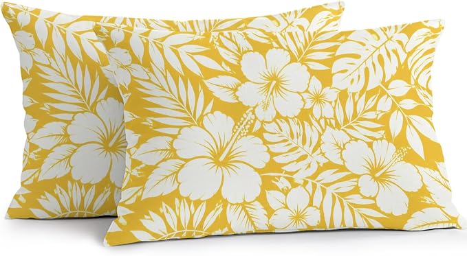 Yellow Hibiscus Flowers Waterproof Outdoor Pillow Covers Set of 2 Home Decor, Tropical Monstera Leaves Lumbar Pillowcase Patio Pillow Covers for Couch Bench Patio Furniture Garden 20x12in