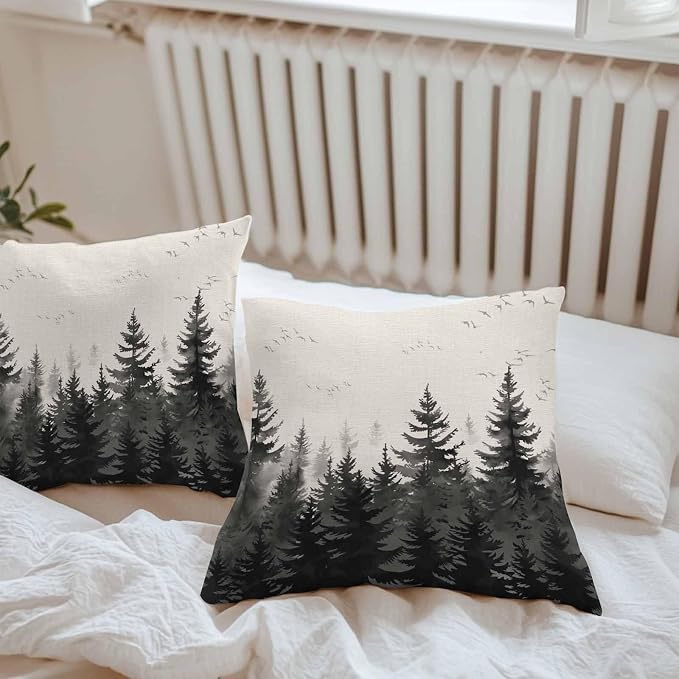 Vandarllin Outdoor Throw Pillows Covers 26x26 inch Set of 2 Waterproof Black Forest Decorative Zippered Cushion Covers for Patio Furniture, Tree Bird Nature Landscape Linen Lumbar Pillowcases