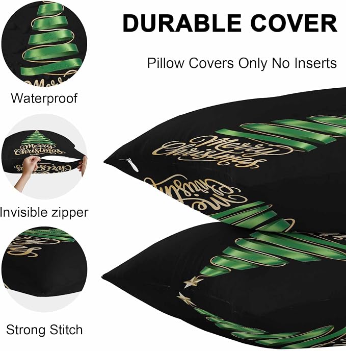 Black Christmas Tree Outdoor Pillow Covers 24 x 24 Inches, Green Xmas Tree with Star Waterproof Throw Pillow Cover Set of 2, Christmas Black Decorative Square Cushion Covers for Patio/Couch