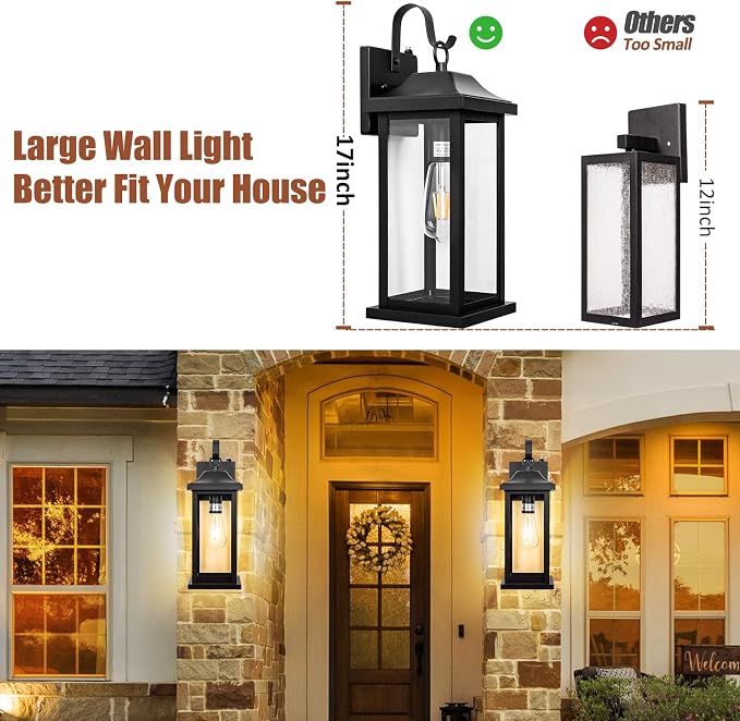 Dusk to Dawn Outdoor Lighting Wall Mounted 17 Inch Black | 2 Pack Exterior Light Fixtures Photocell Sensor, Porch Lights Waterproof, Outside Wall Sconces Garage Coach Lamps, ETL List