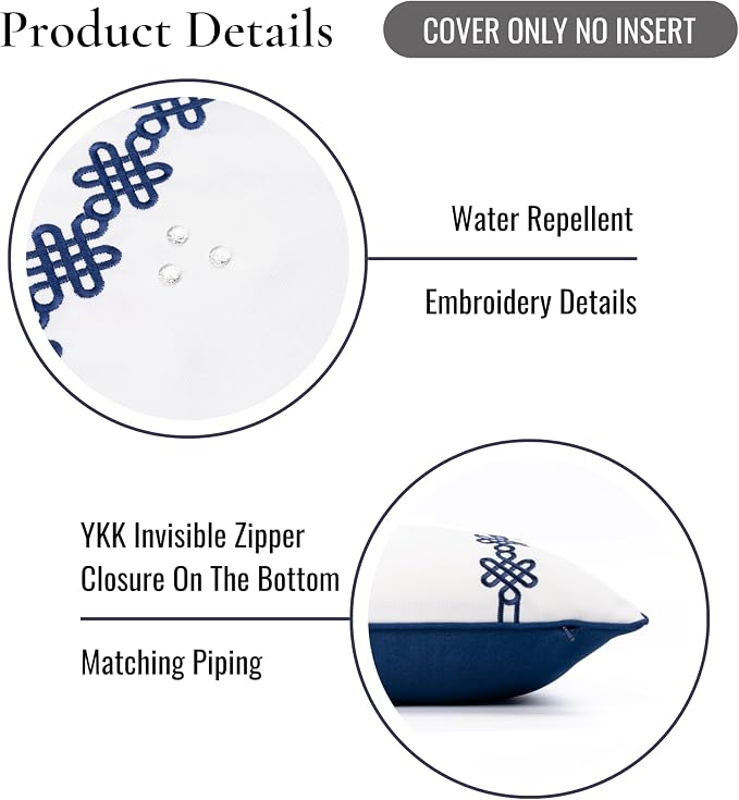 Hofdeco Premium Coastal Hampton Patio Indoor Outdoor Lumbar Pillow Cover Only, 12"x20" Water Repellent for Backyard, Couch, Poolside, Navy Blue Embroidered Chinoise Lucky Knots