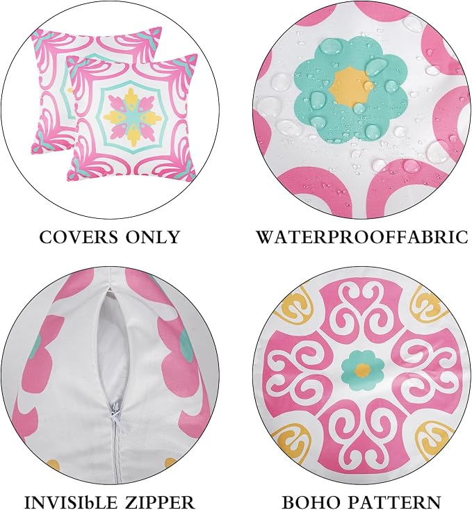Pyonic Spring Summer Outdoor Pillows Waterproof Throw Pillow Covers Set of 4 Pink Green Floral Printed and Boho Farmhouse Outdoor Pillow Covers for Patio Funiture Garden 18x18 Inch