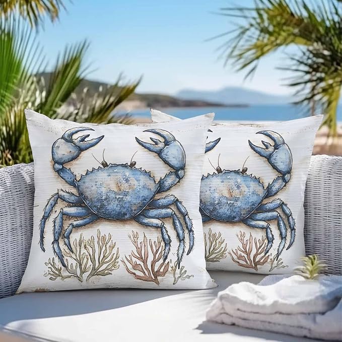 Blue Crab Coastal Outdoor Waterproof Pillow Covers, Nautical Summer Coral Ocean Beach Decorative Square Throw Pillowcase Sofa Cushion Sham for Patio/Couch/Chair, 20"x20" 2 Pack