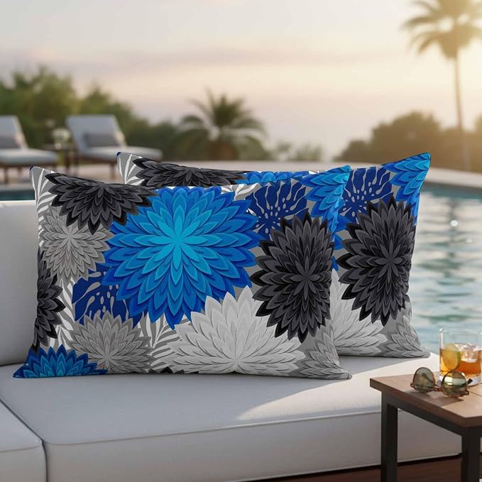 Blue Black Grey Flowers Outdoor Pillow Covers Waterproof, All Weather Cushion Case Set of 2, Boho Colorful Floral Plant Lumbar Pillowcase for Sofa Couch Bed Decor Patio Furniture 20"x12"
