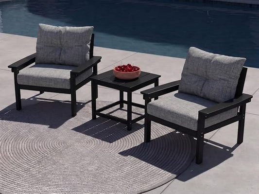 3 Piece HDPE Outdoor Patio Furniture Set, All-Weather 2 Armchairs with Side Table, Patio Conversation Set with Grey Washable Thick Cushion for Balcony,Porch(Black Frame)