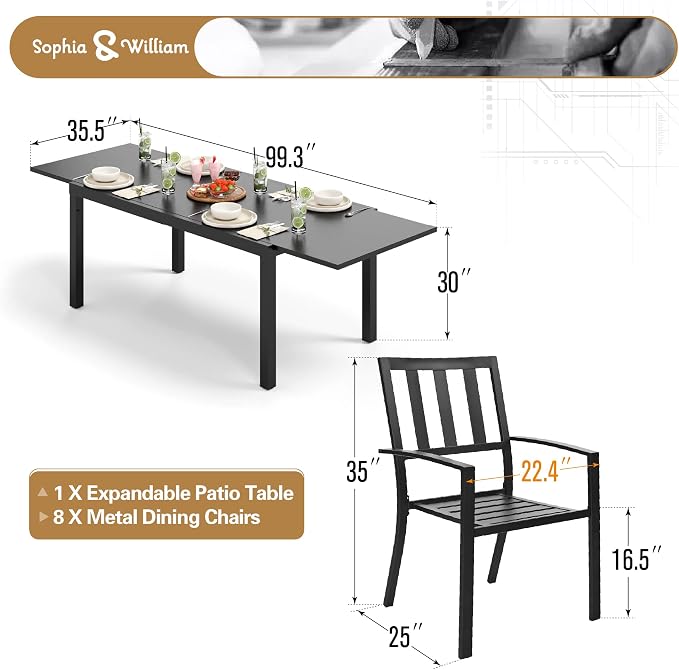 Sophia & William Patio Table and Chairs Set, Outdoor Dining Set for 8, 9 Piece Metal Patio Furniture, 99" Expandable Black Rectangular Table(Stripe)