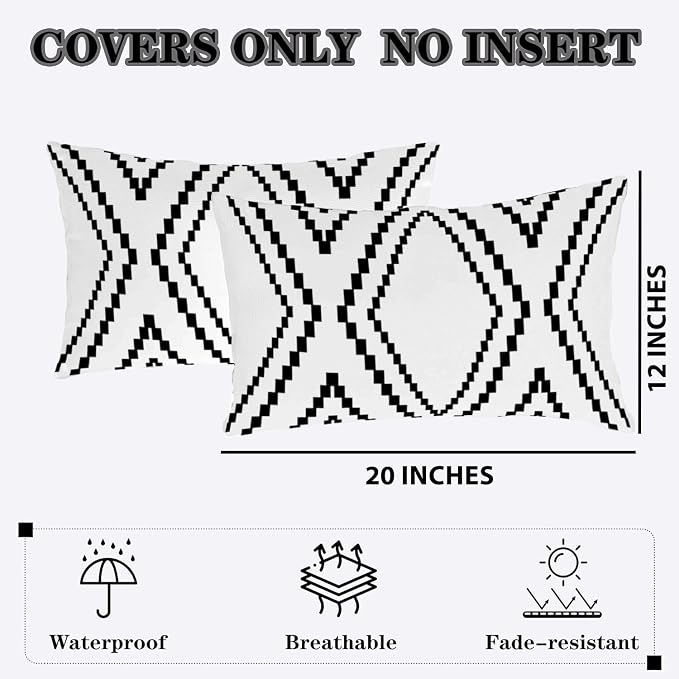 Outdoor Pillow Covers Waterproof, 12x20 Inches, Outdoor Boho Lumbar Throw Pillow Cases Decorative Pillows for Couch Patio Furniture Polyester Linen, White More (Black&white-02, 12x20 Inch)