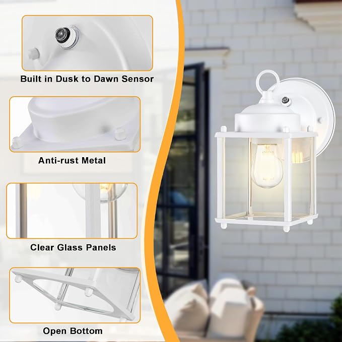 Outdoor Wall Light, Porch Lamp, Dusk to Dawn, White | Exterior Wall Sconce Fixture for House, Garage, Patio, Rustproof Waterproof, Metal Housing with Glass, E26 Base, 2 Pack