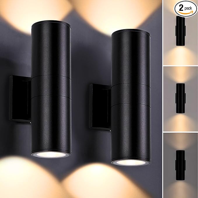 DAKAFUL Dimmable Wall Lights Outdoor 2 Packs, Integrated LED Cylinder Up Down 12W 2700K Modern Aluminum Light, Waterproof Exterior Light for Porch Patio Door