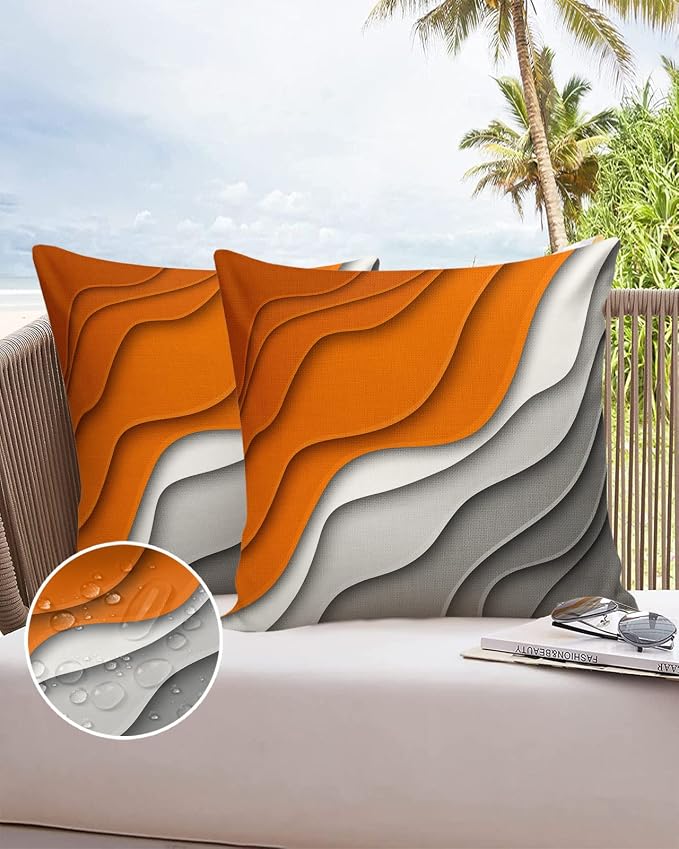 Funy Decor Waterproof Outdoor Throw Pillow Cover Orange Grey Modern Geometric Lumbar Pillowcases Set of 2 Abstract Ombre Decorative Patio Furniture Pillows for Couch Garden 26x26 inch x 2pcs