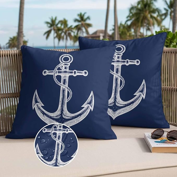 Nautical Outdoor Waterproof Throw Pillow Covers Set of 2, 16"x16", Anchor Rope Coastal Navy Blue Minimalist Decorative Pillow Covers Outside Cushion Case for Patio Porch Garden
