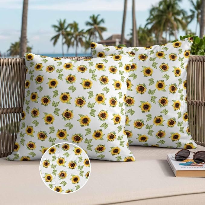 Sunflower Waterproof Outdoor Pillow Covers Set of 2 Home Decor, Yellow Green Botanical Farm Plant Leaves Pillowcase Patio Pillow Covers for Couch Bench Furniture Garden 16x16in