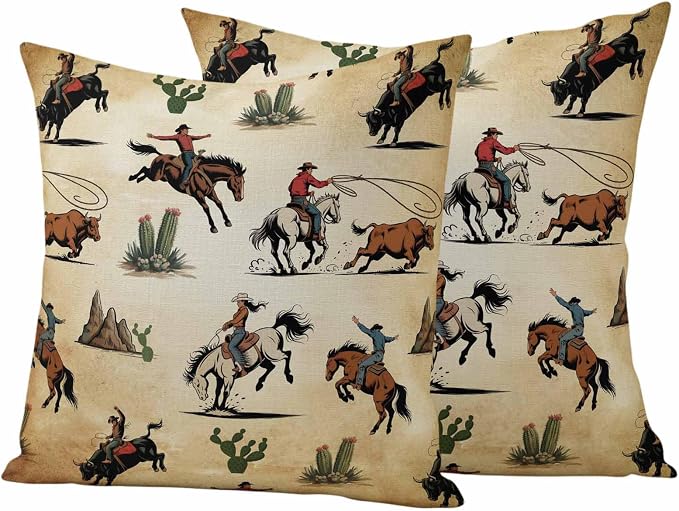 Western Cowboys Outdoor Pillow Covers Waterproof, All Weather Cushion Case Set of 2, Brown Vintage Country Cactus Decorative Pillowcases for Sofa Couch Bed Decor Patio Furniture 16"x16"