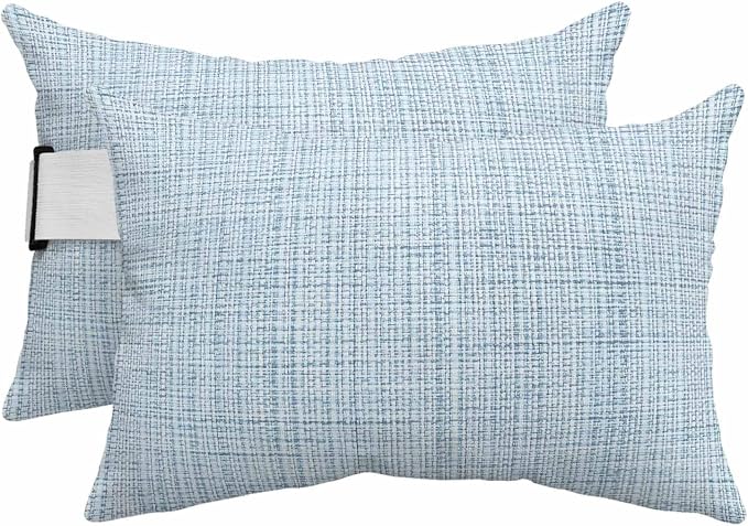 Outdoor Lumbar Pillow Set of 2, Misty Blue Rustic Waterproof Beach Headrest Pillow with Inserts, Vintage Farmhouse Blue Solid Color Recliner Throw Pillows for Patio Furniture, 11 x 16