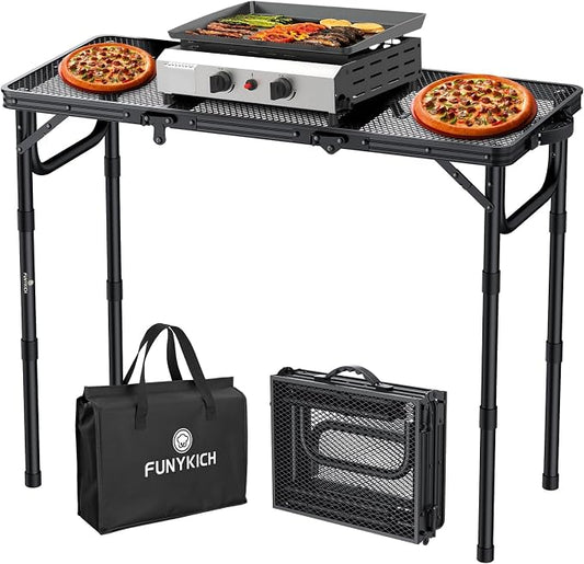 FUNYKICH 3ft Folding Grill Table for Outside 34.2''x15.7'', 3 Height Adjustable Portable Camping Tables, Lightweight Metal Aluminum Outdoor Table with Carry Handle for Camping, Picnic, BBQ, Black