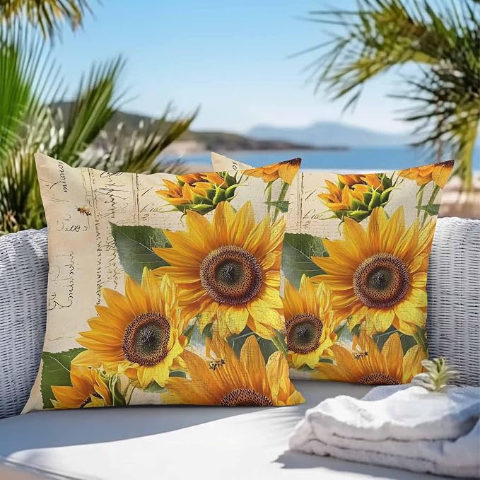 Throw Pillow Covers 20x20 Inch Set of 2, Yellow Sunflowers Waterproof Outdoor Cushion Covers, Country Vintage Botanical Floral Decorative Pillowcases for Couch, Sofa, Bed, Garden, Patio