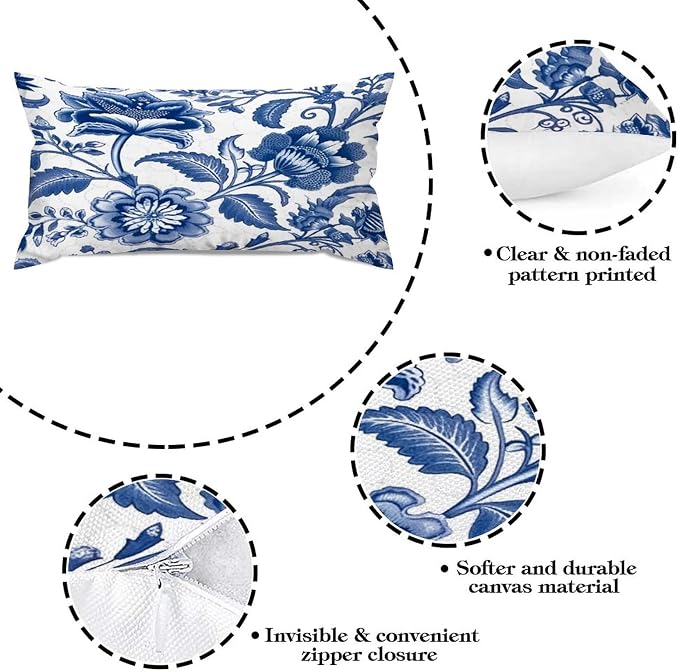Set of 2 Blue and Ivory Indigo Floral Pillow Covers 12x24in Farmhouse Canvas Cushion Covers Outdoor for Couch Chair Home Decor for Family Friends
