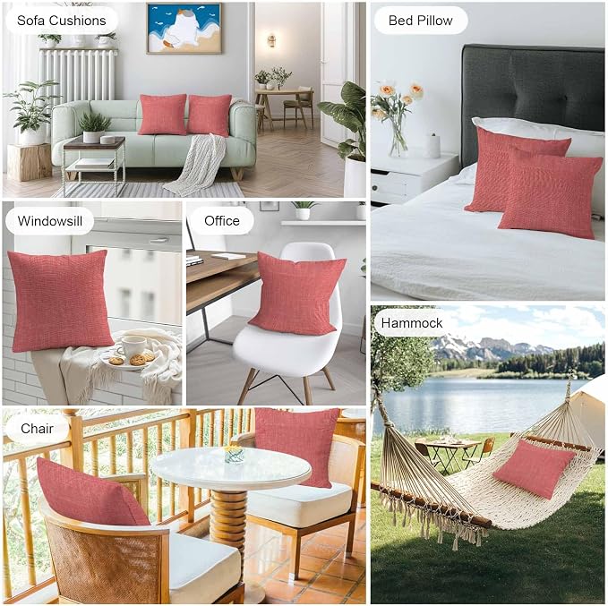 Vandarllin Outdoor Throw Pillows Covers 26x26 inch Set of 2 Waterproof Coral Red Linen Decorative Zippered Cushion Covers for Patio Furniture, Farmhouse Pure Color Lumbar Pillowcases