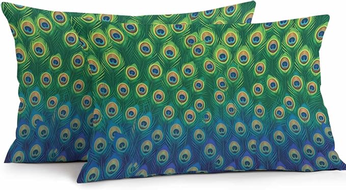 Peacock Feathers Outdoor Waterproof Pillow Covers, Ombre Blue Green Modern Animals Printed Decorative Rectangle Throw Pillowcase Sofa Cushion Sham for Patio/Couch/Chair, 20"x12" 2 Pack