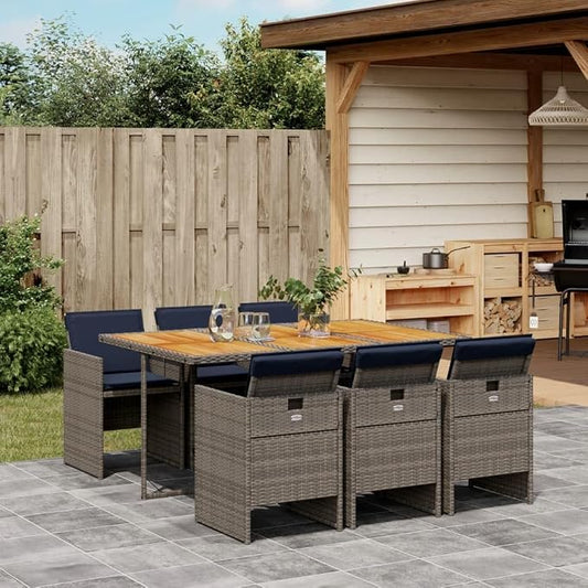 7 Piece Garden Dining Set with Cushions Grey Poly Rattan Outdoor Patio Furniture Set for 6, Foldable Chairs with Removable Covers, Acacia Wood Table for Backyard Relaxing and Al Fresco Dining