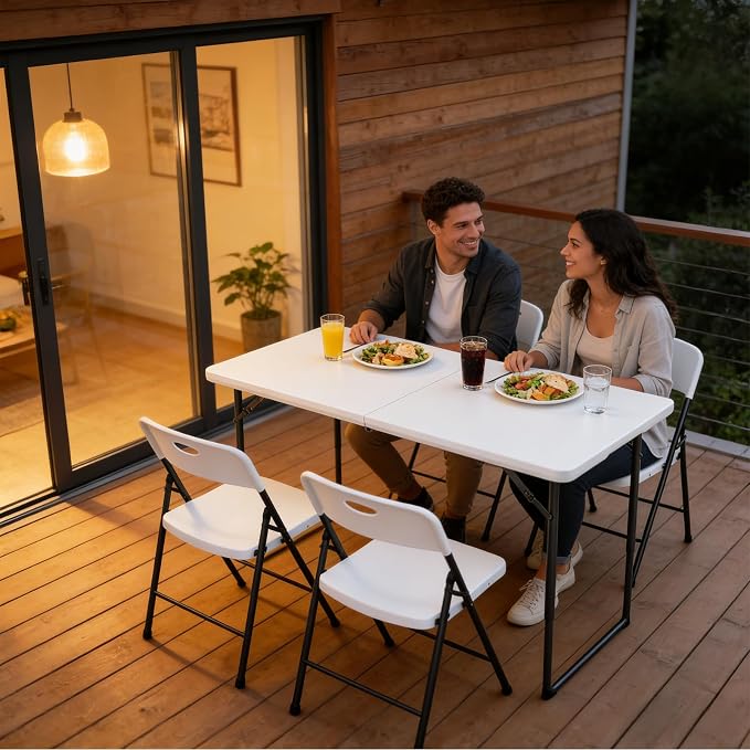 4FT Folding Table, Fold Up Picnic Table with Height Adjustable Portable Table for Indoor Outdoor Use Camping Table for Party, BBQ, White