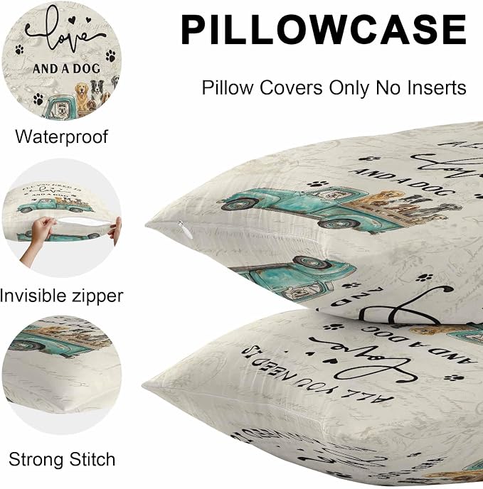 Cartoon Animal Outdoor Pillow Covers Set of 2, Vintage Teal Truck with Pet Dog Puppy Decorative Waterproof Throw Pillowcase Retro Beige Cotton Linen Soft Cozy Cushion Cover Pillowsham 16x16In