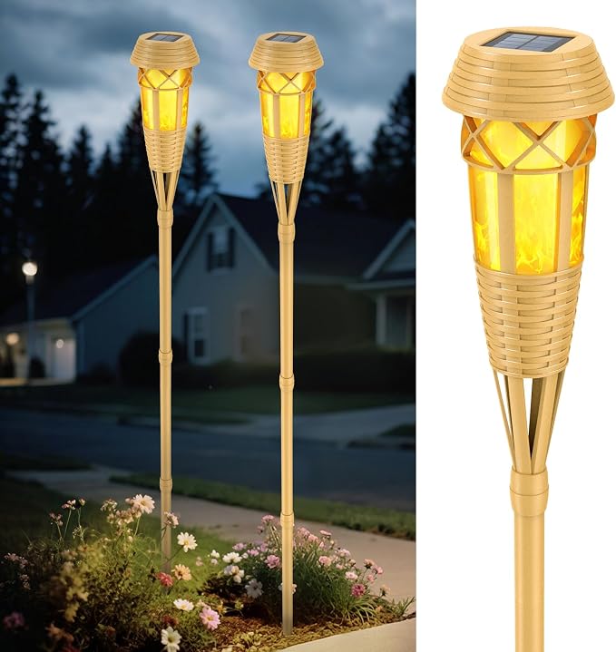 Solar Outdoor Lights – Torches with Flickering Flame for Garden Decor, Waterproof Garden, Outdoor Patio & Pathway Yard Decorations with Flame Torches - 2 Pack