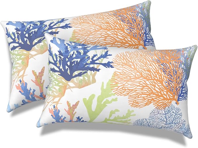 Outdoor Lumbar Pillows, Water Repellent Cushion Pillows 12x20 Inch, Outdoor Pillows with Inserts for Home Garden, Pack of 2, Coral Multi