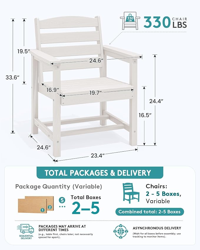 SERWALL Outdoor Dining Chairs Set of 2, All-Weather HDPE Patio Chair with 19.7" Widened Seat, for Backyard, Garden, White