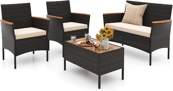 HAPPYGRILL 4 Pieces Outdoor Patio Rattan Furniture Set, Rattan Conversation Set with Chairs & Loveseat, Acacia Wood Tabletop & Armrest, Outdoor Cushion Sofa Set for Backyard Patio Poolside