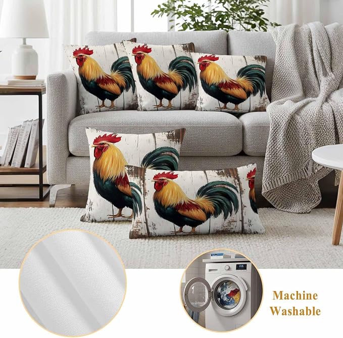Vintage Rooster Outdoor Waterproof Throw Pillow Covers 16x16 Set of 2, Retro Farmhouse Rooster Watercolor Decorative Pillowcases Cushion Pillowcase for Couch Sofa Patio Outside Pillow Protector