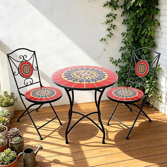 Folding Patio Chairs Set of 2 Mosaic Bistro Chair Outdoor Seating | Garden Patio Furniture Seating Heavy Duty Metal Frame Dining Chairs for Lawn Yard Balcony Porch Backyard Poolside