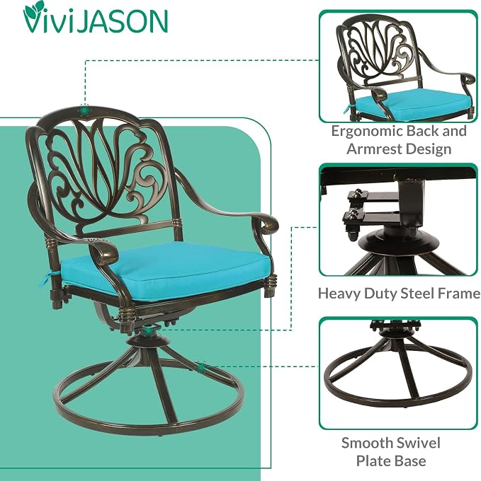 VIVIJASON 9-Piece Outdoor Furniture Dining Set, Cast Aluminum Patio Table and Chairs Set with 4 Stationary Chairs, 4 Swivel Rocker Chairs, 64" Large Square Dining Table, Umbrella Hole, Ocean Blue