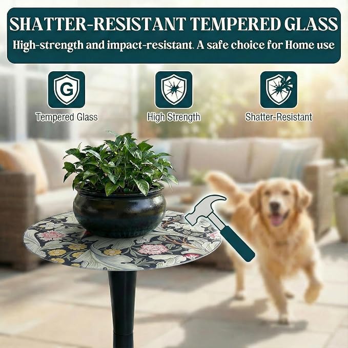 13.4" Outdoor Side Table, Round Patio Bistro Table Printed Tempered Glass Top, Waterproof Rust-Proof Base, Small Plant Stand for Balcony, Garden, Deck, 21.6" H (Morris Green)