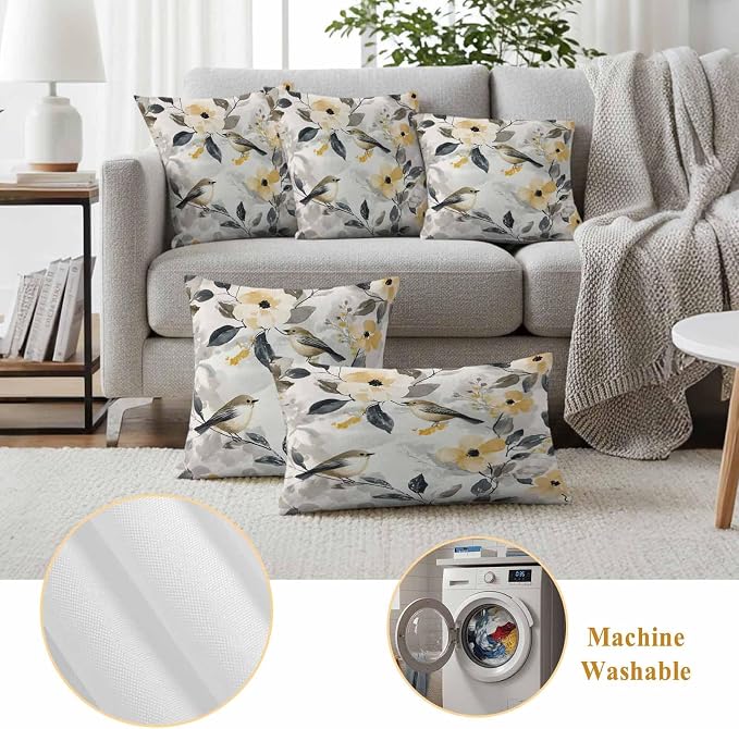 Outdoor Pillow Covers 18x18 Pack of 2, Abstract Bird Floral Artwort Decorative Pillow Cover Waterproof Pillowcase, Country Pastoral Style Farmhouse Cushion Covers for Garden Patio Sofa Couch Bench