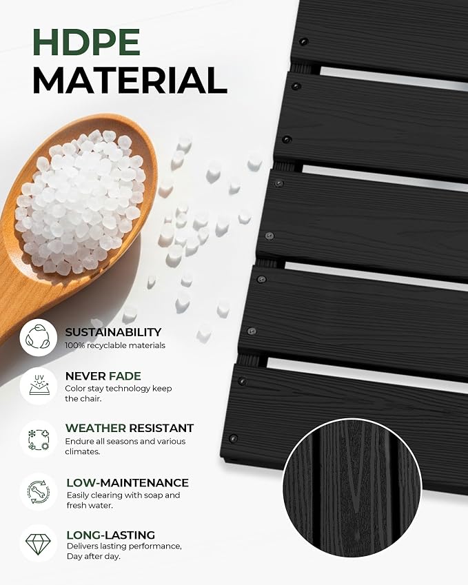 Set of 2 Weatherproof Patio Chairs - HDPE Outdoor Dining Chairs with Wide Seat, Ergonomic Design - for Garden, Backyard, Deck - Black