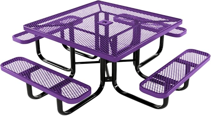 COATEDOUTDOORFURNITURE Heavy-Duty Portable Outdoor Kids Table with Umbrella Hole, Expanded Metal Kids Picnic Table, Commercial-Grade, Made in America (46 in, Square, Childrens, Textured Purple)