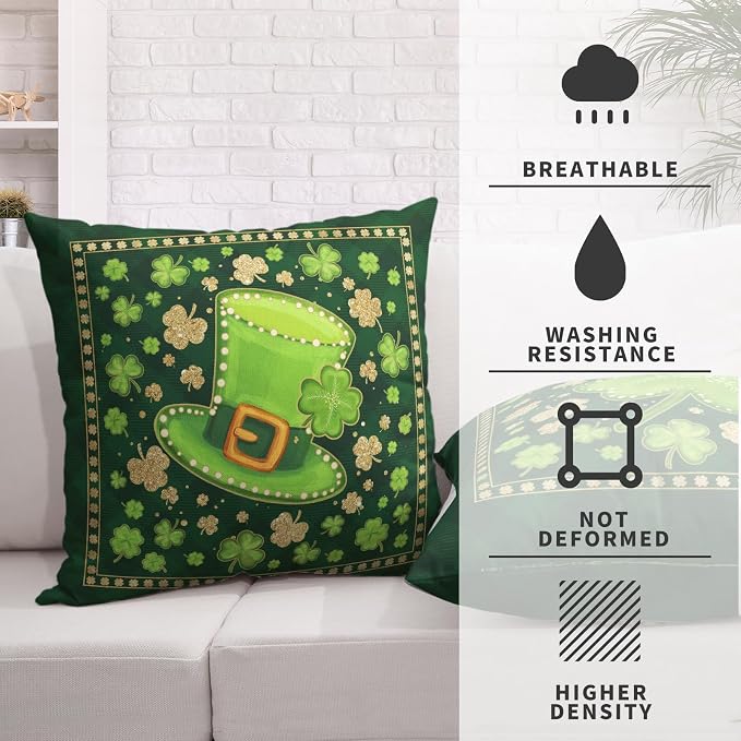 St Patricks Day Throw Pillow Covers Gold Green Lucky Shamrock Pillow Covers 18x18 Set of 2 Lucky Charm Clover Hat Outdoor Pillowcases for Spring March Holiday Home Decor