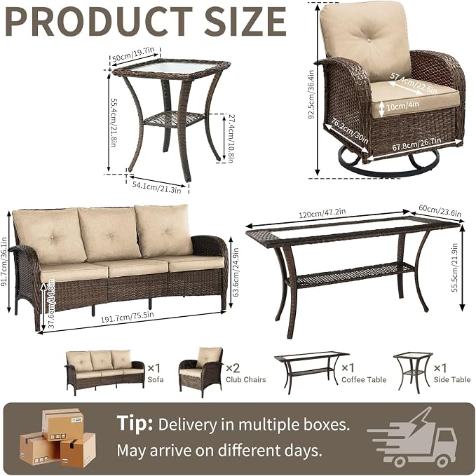SHGJ&SOFT All Weather Patio Furniture Set, High Back Swivel Rocker Glider Chairs，Ottomans & Glass Tables, Outdoor Conversation Set for Deck Porch Yard Poolside (Brown, 5PCS-Sofa&Swivel Chairs&Tables)