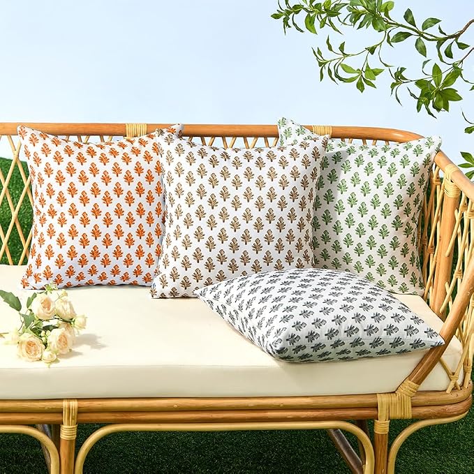 Outdoor Pillow Covers 18x18 Set of 2 Boho Orange Floral Accent Print Decorative Throw Pillow Cases for Outdoor Waterproof Patio Furniture Garden Porch Sofa Bed Cushion Covers Home Decor JB005-I18