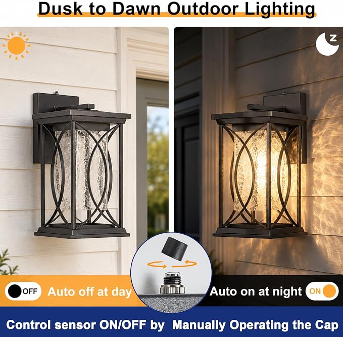18" Extra Large Outdoor Sconce with photocell Sensor Coach Lantern Modern Large Exterior Light Fixture Waterproof Black Metal with Crack-Like Glass Dusk to Dawn Mission Outside Proch Light
