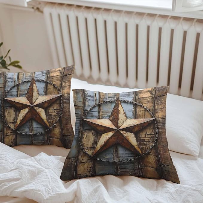 Rustic Star Brown Waterproof Outdoor Pillow Covers Set of 2 Home Decor, Vintage Farmhouse Wooden Grain Art Pillowcase Patio Pillow Covers for Couch Bench Furniture Garden 24x24in