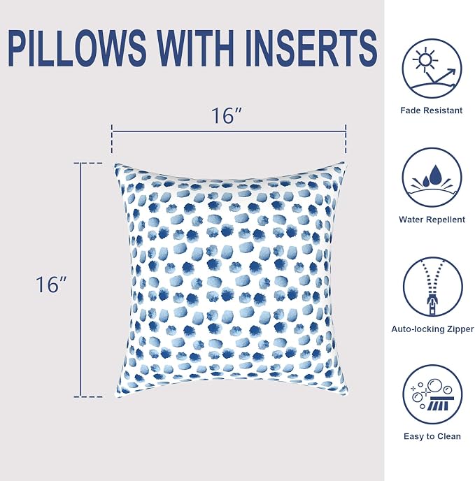 Outdoor Throw Pillows 16x16 Inch, Water Repellent Patio Pillows with Inners Set of 2 for Patio Furniture Home Garden, Brush Blue