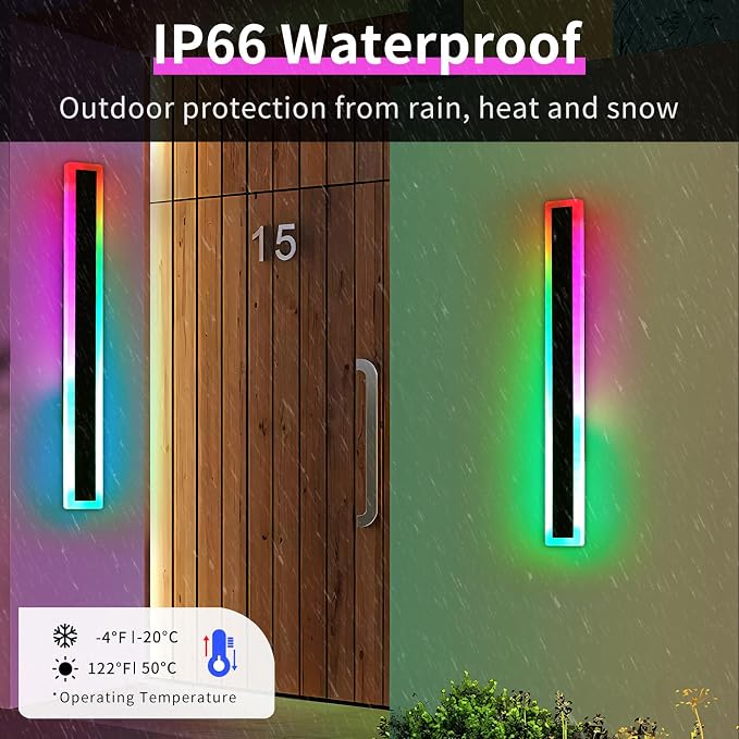23.6inch Outdoor Modern Wall Light, 10 Colour RGB Dimmable Long Wall Sconce, IP65 Waterproof Simple Acrylic Exterior Garage Lighting Fixtures for Patio House Garage, Front Door, Porch