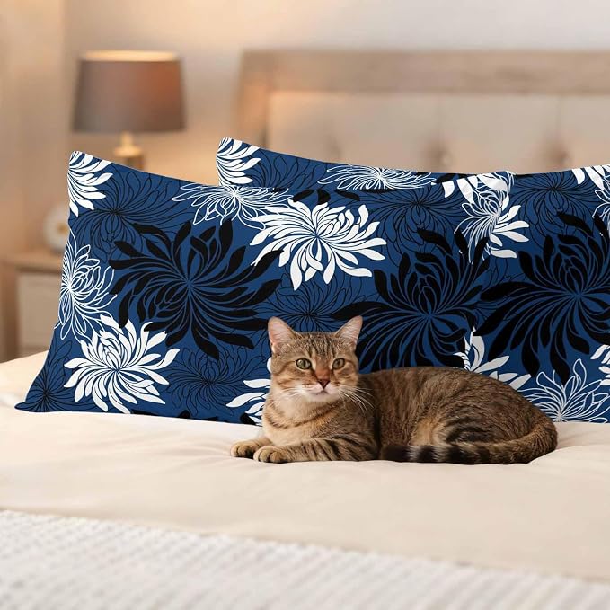 Yukro Blue Black Floral Outdoor Waterproof Pillow Covers Pack of 2, Vintage Blue White Black Flower Decorative Throw Pillowcases Cushion Covers for Garden Patio Tent Sofa Couch, 20x12 inch
